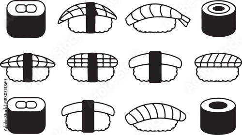 Various Japanese Food Sushi or Nori Rolls, Maki with Tuna, Salmon, Shrimp on Rice Healthy Diet Delicious Seafood Isolated Vector Illustration