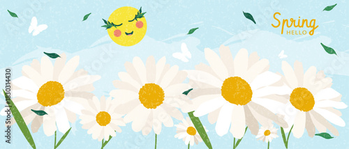 Vector spring banner: cute daisies, sun, and butterflies. Horizontal background with texture in pastel colors. Design for postcards, websites, and advertisements.
