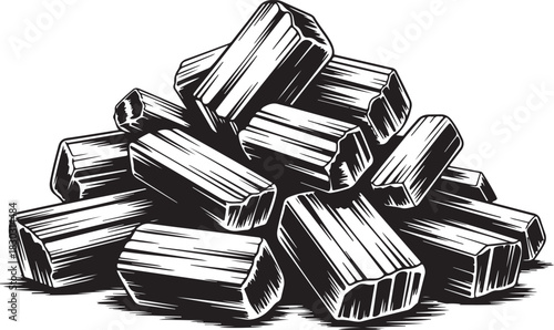 Hand Drawn Charcoal Briquettes Stacked in Pile for Grilling and Barbecue Illustration Vector Isolated on Transparent Background