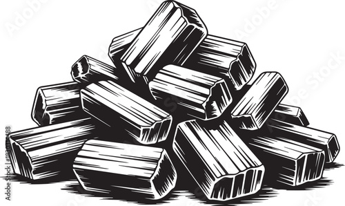 Hand Drawn Rectangular Briquette Charcoal Pieces in Pile Illustration Isolated on Checkered Background Precisely 130 Characters