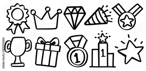Set of hand drawn reward theme. Collection of Medal, Ribbon, Trophy, Crown, Diamond, Confetti, Gift Box, Podium, Star Isolated Vector