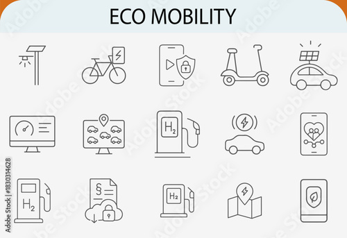 Eco mobility electric and hydrogen vehicles line icon set vector