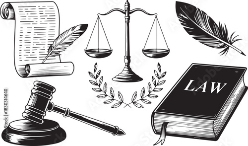 Law and Justice Symbol Collection Book, Gavel, Scales and Feather Quill Isolated on Transparent Background Flat Vector Illustration