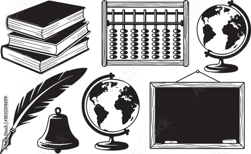 Stationery and school supplies line art style drawing of books globe abacus bell feather and chalkboard exactly 130 characters no background