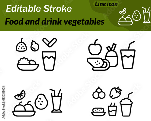 A clean vector icon featuring a mix of fresh vegetables including a tomato a carrot and leafy greens. The simple minimal outline represents healthy food nutrition groceries and cooking for and menus.