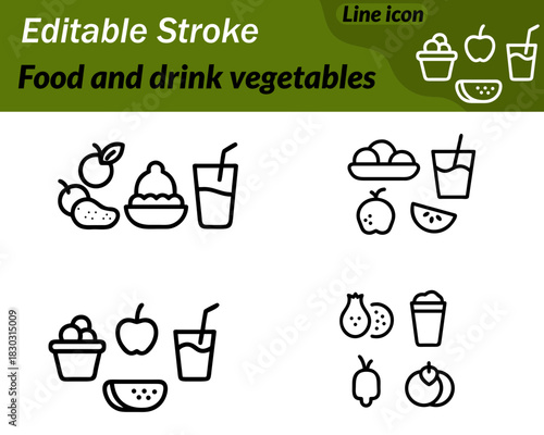 A clean vector icon featuring a mix of fresh vegetables including a tomato a carrot and leafy greens. The simple minimal outline represents healthy food nutrition groceries and cooking for and menus.