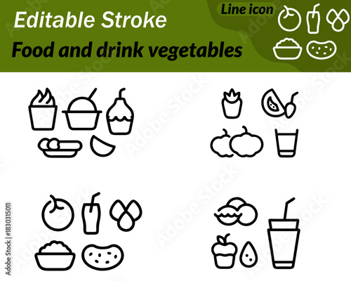 A minimal vector icon showing assorted vegetables like a tomato carrot and leafy greens. Clean simple lines freshness and healthy food choices. Perfect for menus cooking guides and nutrition content.
