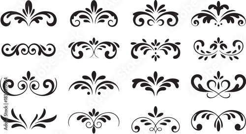 Black vintage floral element with curl scroll divider and ornamental decoration set vector illustration on transparent background decoration