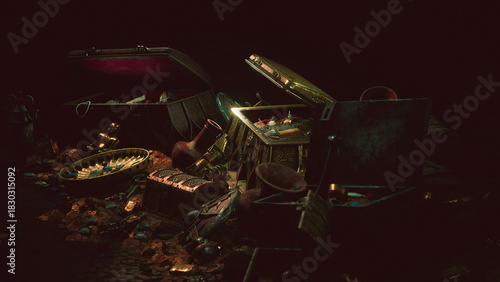 Fotografie In a shadowy underwater scene, treasure chests overflow with gold coins and jewels