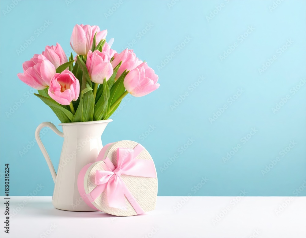 Obraz premium Pink tulips in a white pitcher with heart box