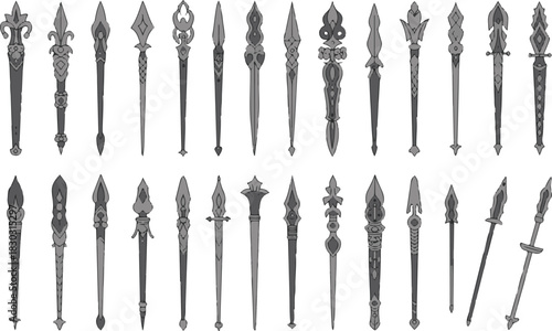 Collection Of Spear With Decorative Design In Line Art Style Against Transparent Background