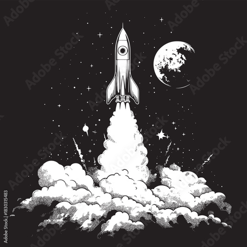 rocket launch from planet.Black and white version , vector style simple color