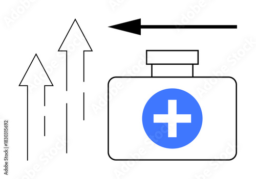 Medical growth concept. Medical growth through a first aid box with a blue cross and upward arrows. Medical growth ed as progress and improvement. For healthcare, medicine, progress, innovation