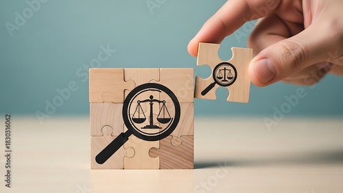 Law Investigation Concept Hand Placing Puzzle Piece with Scales of Justice Icon