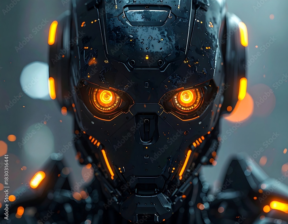Fototapeta premium Close-up of a futuristic robot face with glowing orange eyes