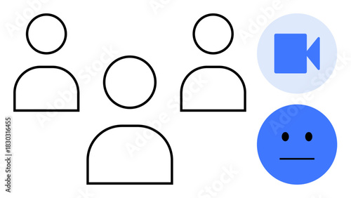 Abstract group of people icons alongside a video camera and neutral face. Ideal for communication, collaboration, teamwork, remote work, virtual meetings, emotion, connection. Simple flat metaphor