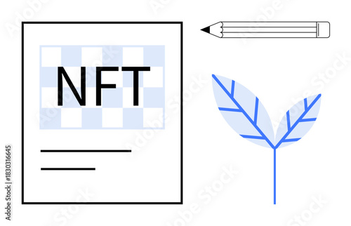 NFT paper with a checker pattern, pencil, and abstract leaf design. Ideal for blockchain, creativity, finance, innovation, digital art sustainability and technology concepts. A simple flat metaphor