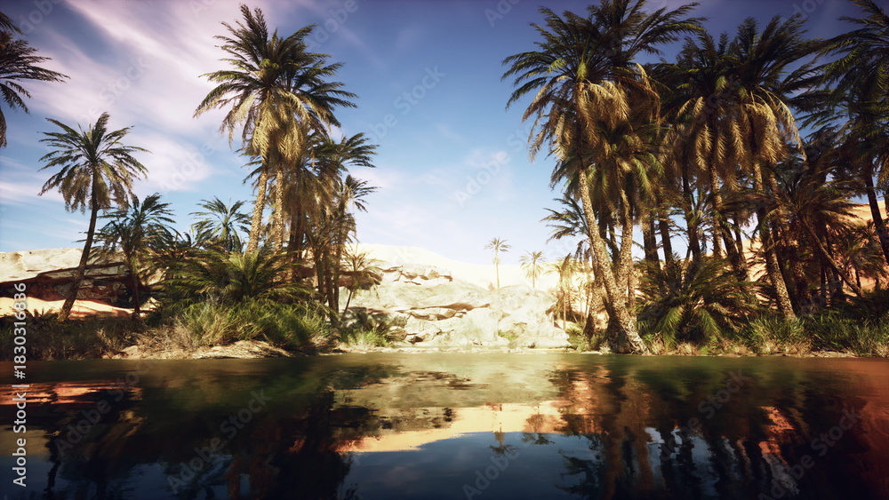 Fototapeta premium A serene oasis lies quietly among lush palm trees, reflecting tranquility in the clear water. The warm sun casts gentle shadows, creating a peaceful retreat in natures embrace.