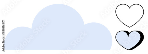 Light blue cloud alongside two heart outlines, one thin and one shaded. Ideal for weather, love, calm, simplicity, messaging, communication and mindfulness. Minimalist flat metaphor