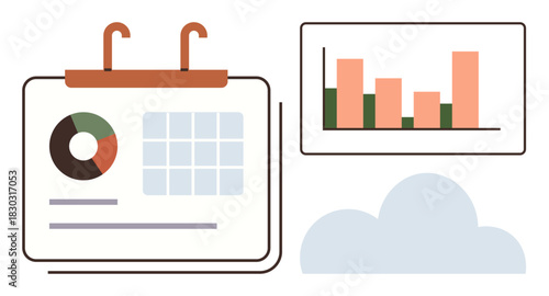 Calendar with pie chart, bar chart, and cloud. Ideal for data analysis, planning, scheduling, productivity, cloud computing, business strategy and time management concepts in a simple flat metaphor