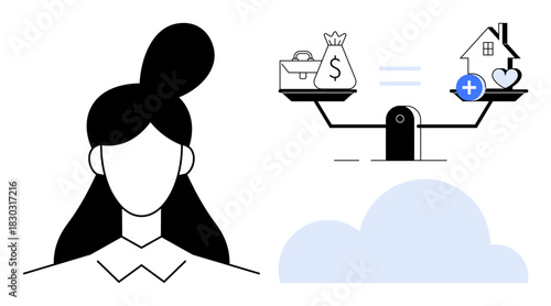 Financial balance concept. A contrast between work and life is by scales weighing money and personal values. Financial choices for better living and work-life balance. For economics, lifestyle