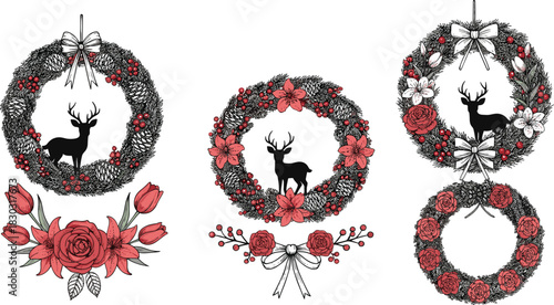 Hand-Drawn Vintage Collection of Festive Christmas and Winter Wreaths Decorated with Pine Needles, Cones, Red Flowers, Berries, Ribbons, and Black Reindeer Silhouettes, Isolated on White.