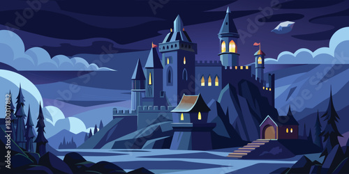 Dark Medieval Castle At Night Gothic Fantasy Vector Illustration