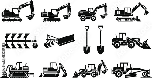 Heavy Construction and Farm Machinery Vector Icons Set, Equipment Silhouettes Collection Including Excavator, Bulldozer, Grader, Tractor, Plow, and Shovels, Industrial Engineering Flat Design Template