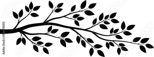 Horizontal black silhouette of a tree branch with many leaves, vector illustration isolated on white background, decorative botanical element for nature border and eco design.