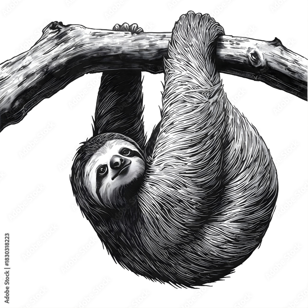 Naklejka premium Sloth on a Branch: A detailed sketch captures the serene essence of a sloth, calmly hanging from a sturdy branch, exuding tranquility and gentle demeanor.
