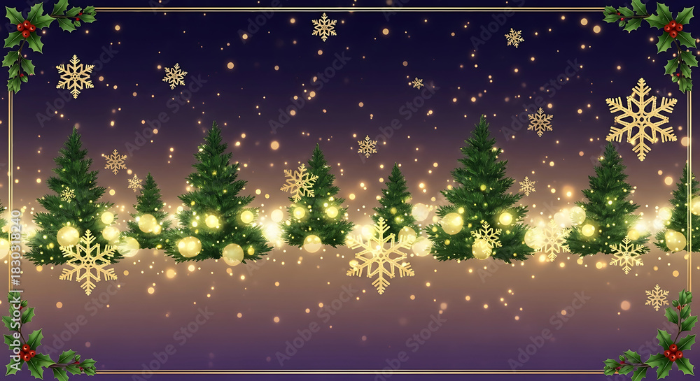 Fototapeta premium Christmas night scene with glowing fir trees, sparkling golden snowflakes, and a decorative holly border, ideal for holiday season