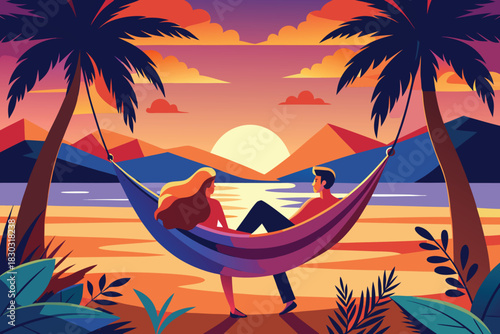 Romantic Couple In Hammock At Sunset Love And Relaxation Vector Illustration
