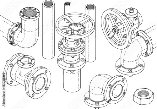 Industrial piping system vector illustration, technical engineering drawing of valves and flanges, isometric construction blueprint elements, mechanical equipment parts, black and white sketch.