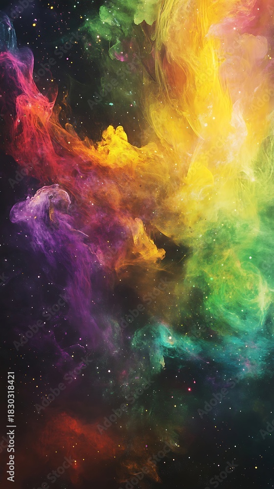 Fototapeta premium Vibrant cosmic dust clouds display a spectrum of bright colors across a dark starry expanse