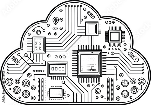 Cloud shaped circuit board illustration with chips and intricate wiring design in black and white style