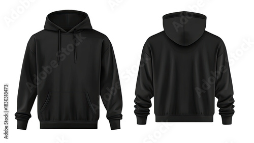 Set of black and front view hoodie showing detailed fabric texture modern casual clothing garment apparel layout isolated on white background