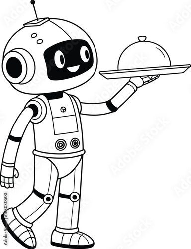 Cartoon robot waiter in black and white carrying a silver serving tray with a dome cover on it