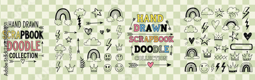 Hand drawn scrapbook doodle collection featuring rainbows clouds stars hearts and lightning bolts