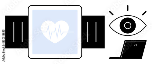 Smartwatch showing a heart rate monitor, an observing eye, and a laptop. Ideal for technology, healthcare, fitness, monitoring, innovation remote health personal data security. Simple flat metaphor