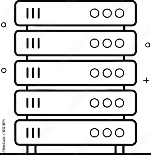 A black and white line drawing of five stacked servers with indicators and a minimalist style design
