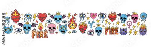 Colorful tattoo flash sheet featuring hearts skulls cats eyes fire and lightning bolts design art