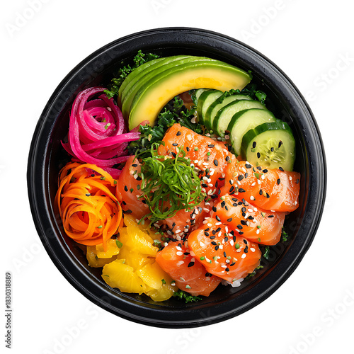 PNG file A delicious and vibrant poke bowl featuring fresh salmon, avocado, and various toppings, served in a black bowl