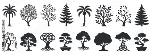 Diverse tree and plant silhouette vector set featuring tropical palms, forest trees, decorative shrubs and botanical shapes in clean black, ideal for nature themes, landscape elements, eco graphics 