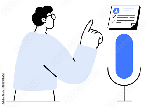 Person gesturing near microphone, pointing at checklist with user icon and tick marks. Ideal for communication, productivity, technology, task management, voice recognition, self-improvement, simple