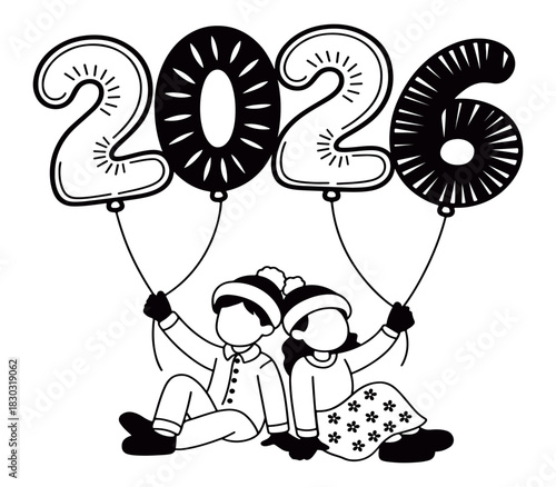 cute kids holding 2026 balloons festive new year celebration art, adorable children sitting together holding 2026 balloon numbers perfect for new year cards, celebration posters, kids and festive 