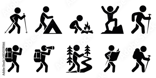 hiking camping outdoor activity, comprehensive outdoor activity icon set featuring hikers, campers, climbers and adventure scenes ideal for travel graphics, maps, apps and nature themed designs