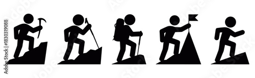 mountain hiking and climbing silhouette icons, outdoor hiking and mountain climbing activity silhouette icon set with trekking, trail walking, adventure travel poses and climber actions for vector 