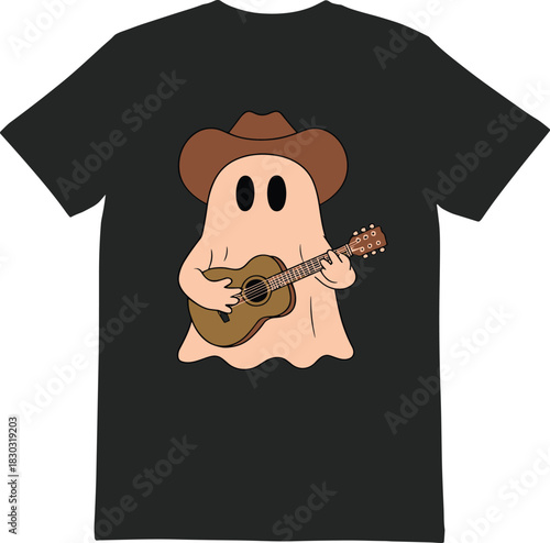 Cartoon ghost cowboy, guitar-playing spirit, western theme character, spooky musician design, funny Halloween apparel print, unique concept, flat vector