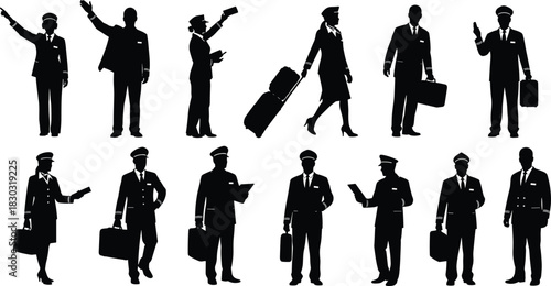 Airline crew silhouettes, pilot and flight attendant icons, aviation staff poses, travel uniform characters, airport personnel illustration, flat vector