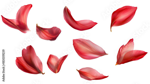 Red flower petals spread in vibrant scattered arrangement soft natural floral fragments detailed delicate bloom pieces isolated on white background